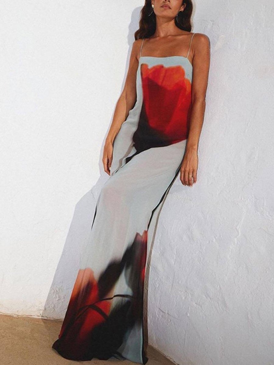 Abstract Tulip Print Vacation Slip H - Line Maxi Dress - SANVELIER