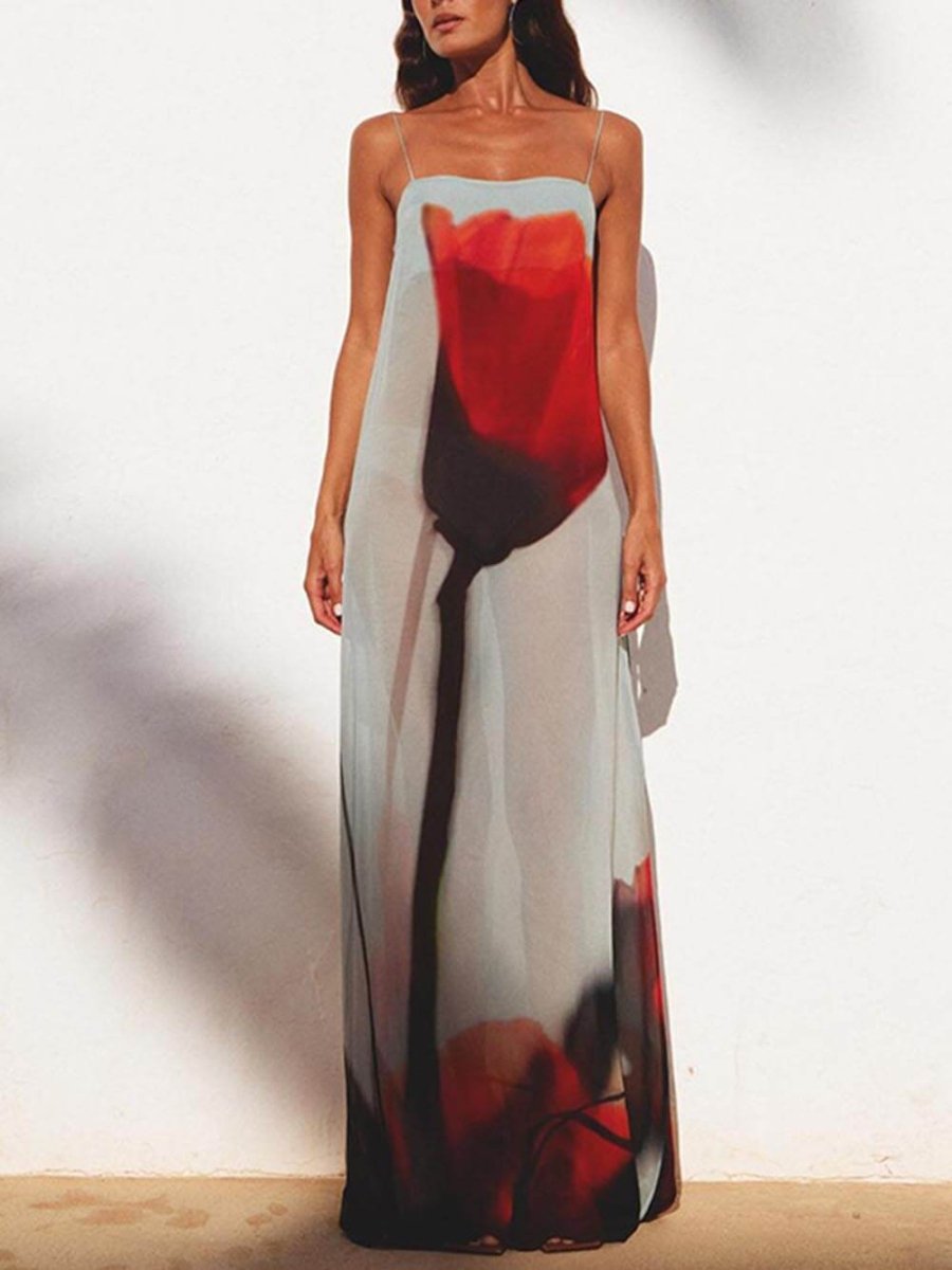 Abstract Tulip Print Vacation Slip H - Line Maxi Dress - SANVELIER