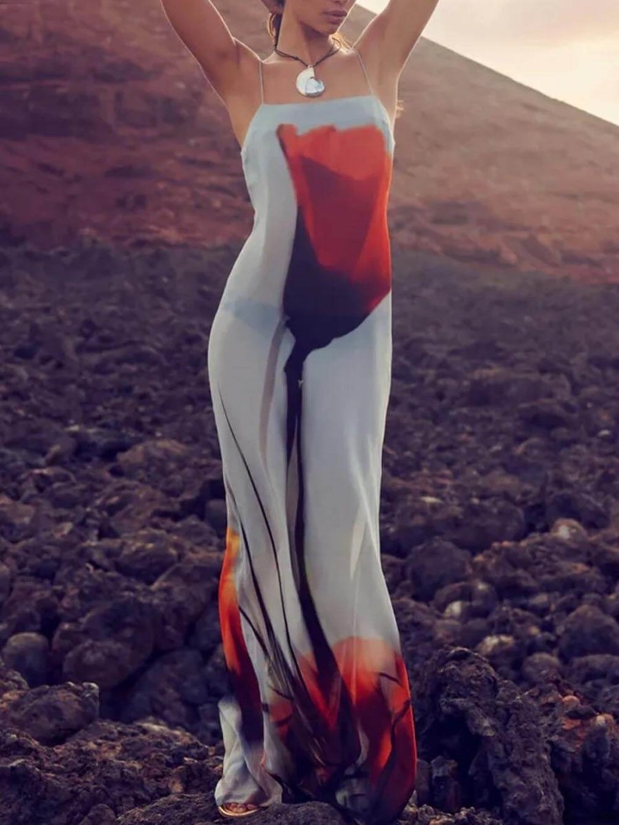 Abstract Tulip Print Vacation Slip H - Line Maxi Dress - SANVELIER