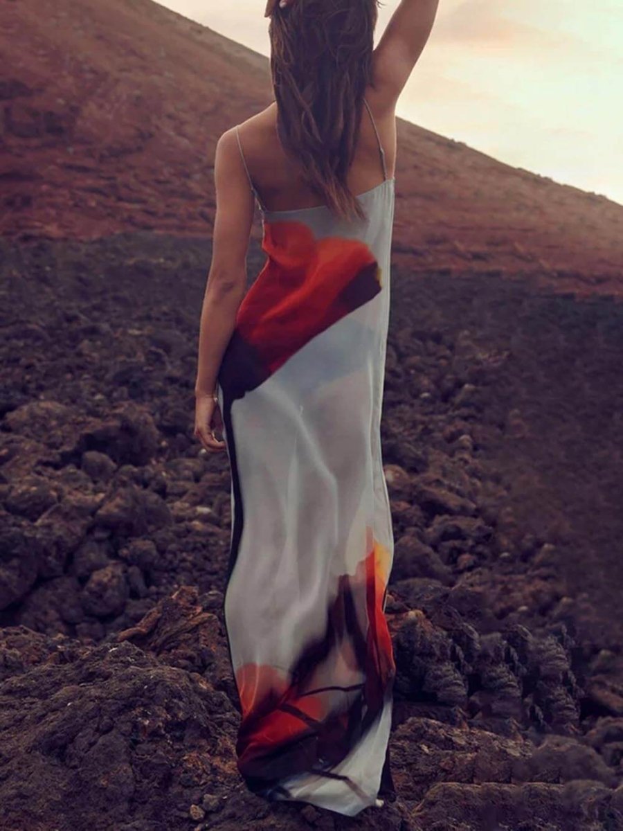 Abstract Tulip Print Vacation Slip H - Line Maxi Dress - SANVELIER