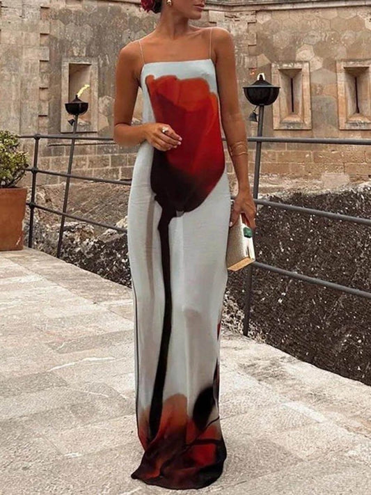 Abstract Tulip Print Vacation Slip H - Line Maxi Dress - SANVELIER