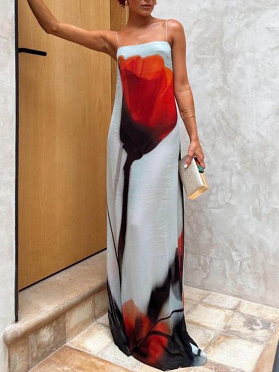 Abstract Tulip Print Vacation Slip H - Line Maxi Dress - SANVELIER